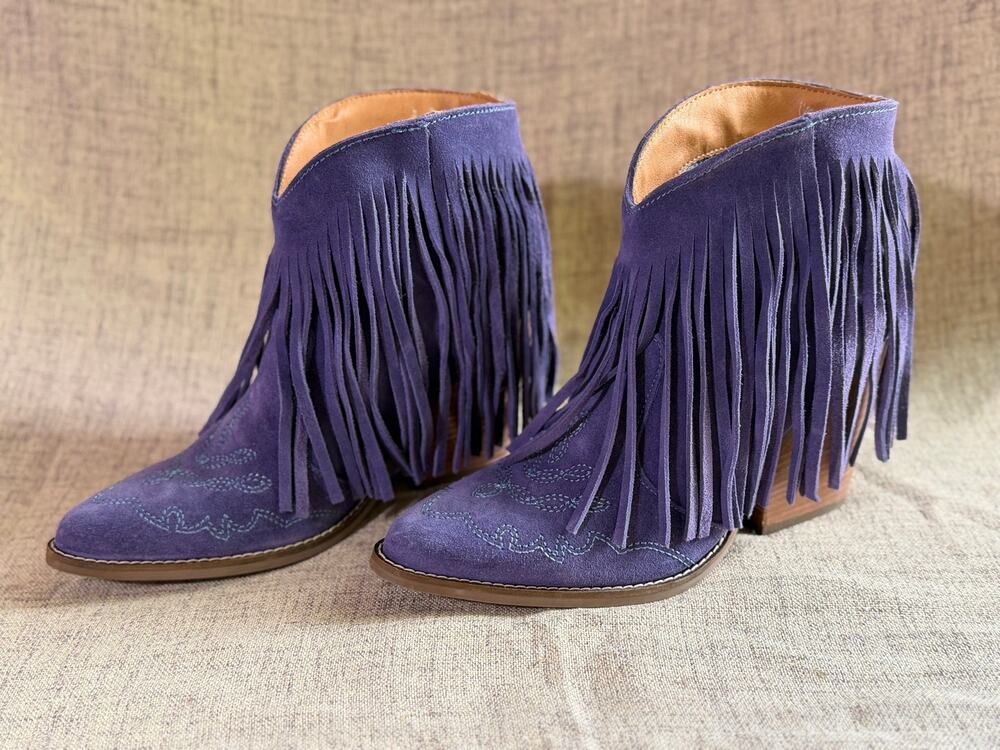 Dingo Women's 9M Plum Suede Fringe Western Ankle Boots Leather Cowboy Booties